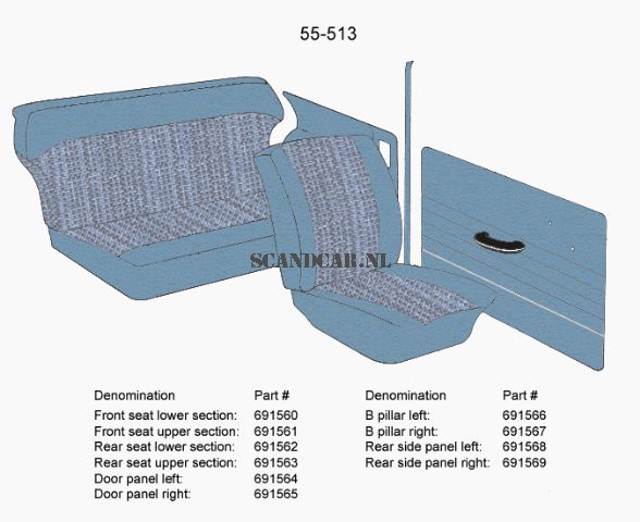  Volvo-indtræk PV544 B-stolpe Højre blå 1964-1965 (55-513) se SET nr. 691566 Volvo varenummer 691567