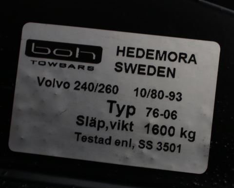  Volvo Anhængertræk 240+260+245 1981+ max 1600kg EU-godkendelse 9134644 Volvo varenr. 416287