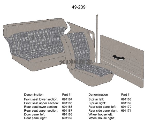  Volvo Polstring PV544 sædebetræk sæde grå 49-239 SÆT sæde + RYG 691185 Volvo varenummer 691184