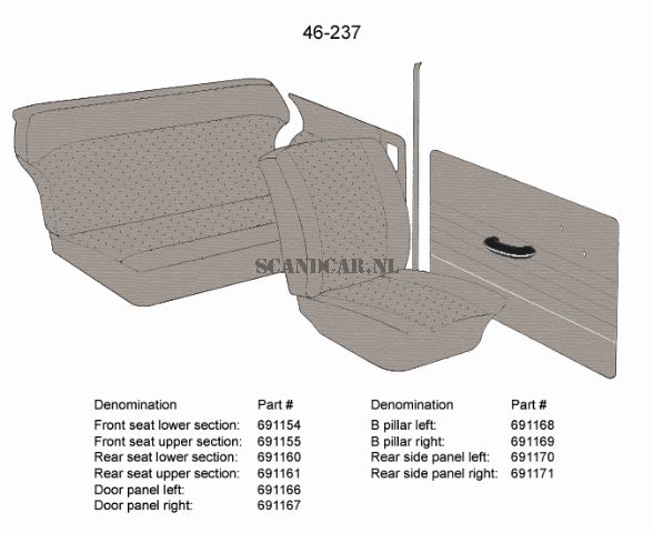  Volvo-polstring PV544 B-stolpe venstre grå 49-239 Volvo varenummer 691168