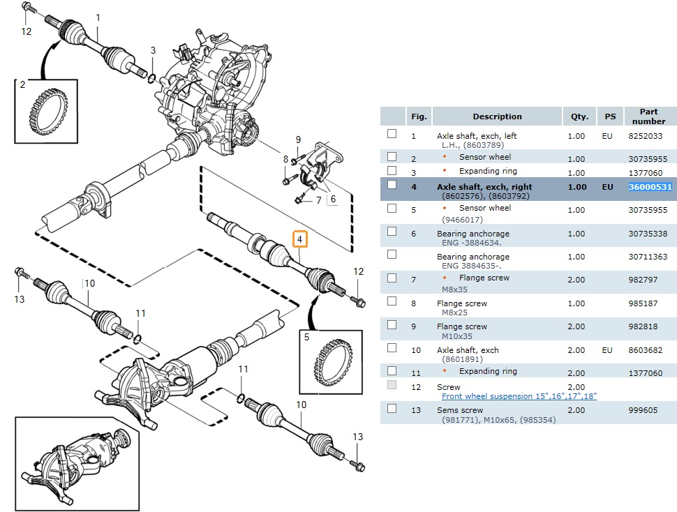  Volvo Drivaksel Bag AWD Volvo S60 - V70 - XC70 - S80 Volvo varenummer 8603682