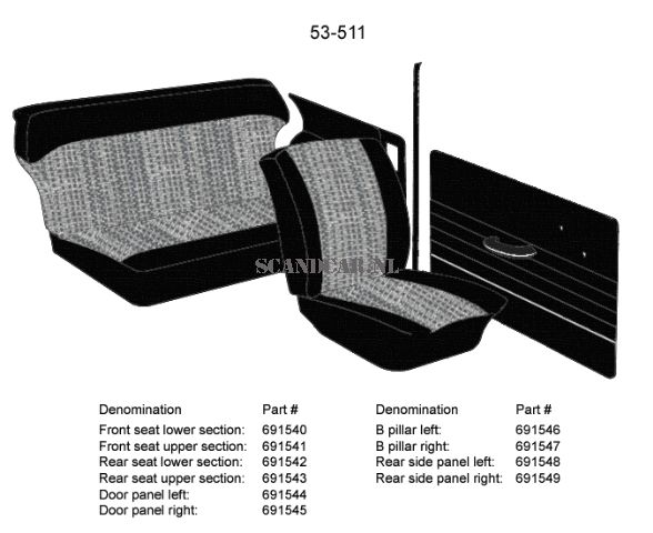 Volvo PV544 B Style Black Upholstery Set L/R 53 511 Volvo Part No. 691546-47