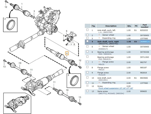 [8252047]  Volvo Drivaksel Foran Højre AW50 - 51 AWD Volvo V70 - S60 Original Volvo Varenummer 8252047